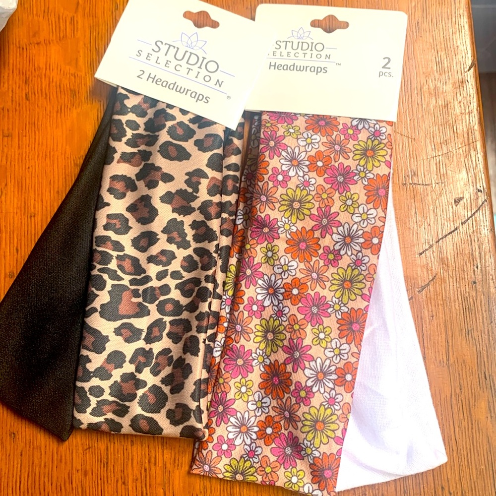 4 head wraps black, cheetah, flower and white.